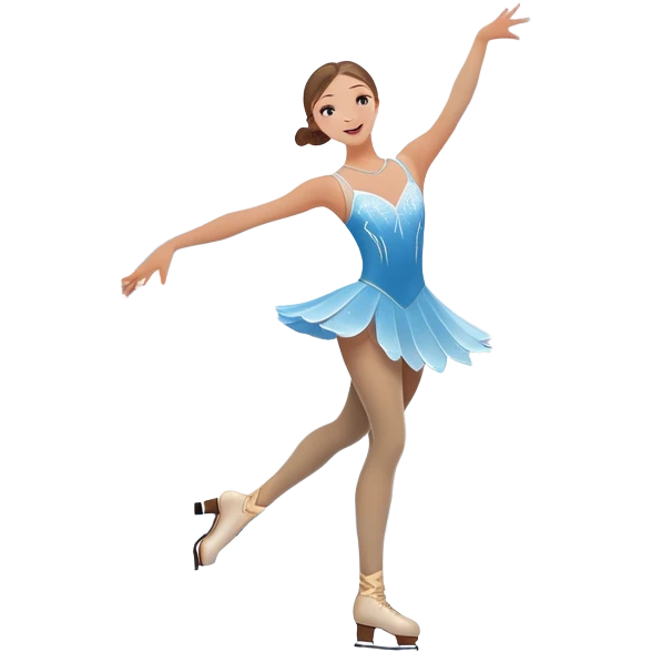 An icon showing a graceful figure skater performing a spin on the ice in a grand ice palace. The rink is illuminated by soft light beams, with cheering spectators in the stands. Snowflakes gently fall, adding to the magical atmosphere. Transparent background highlights elegance and artistry. emoji