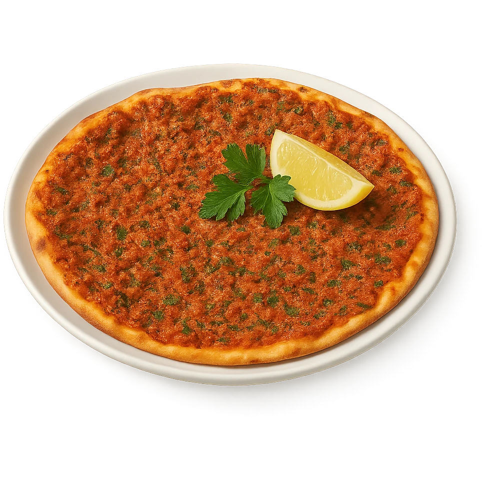 Turkish lahmacun with minced meat and herbs on a plate, clean background emoji