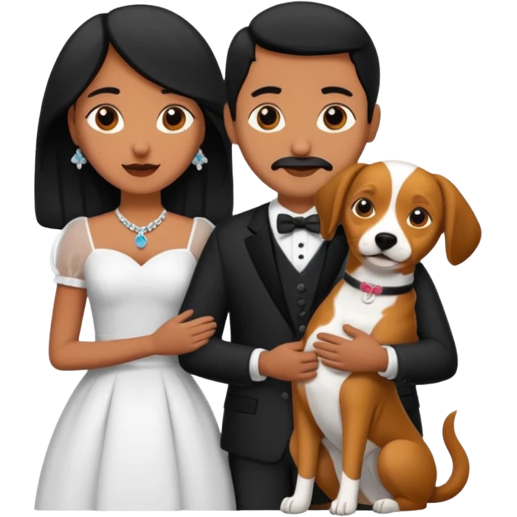Pareja de novios, pelo negro ambos, y con dos perritos pincher en brazos emoji