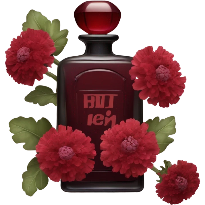 Dark red vintage French style perfume bottle with red scabiosa flowers emoji