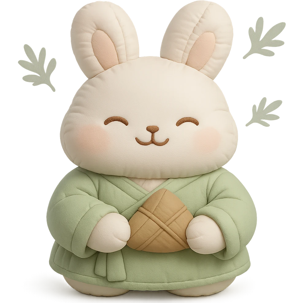 a small rabbit wearing light green Hanfu, holding a light brown zongzi, smiling with eyes closed, with faint mugwort leaves floating in the background, Chinese style, soft color tones, cushion style emoji
