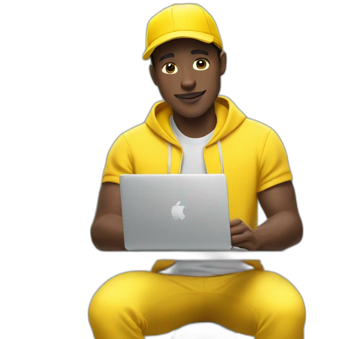 Dark-skinned guy in yellow outfit, sporting a yellow Nike cap, and using a yellow computer. 🌟🧢💻 emoji
