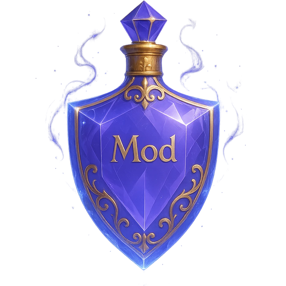 luxurious crystal elixir bottle in shield shape, color #7986cb, with inscription 'Mod', lots of glow, edges, ornaments, golden details, magical effects, very small golden neck, transparent background, beautiful seamless bottom, bottle clearly floating in air, no base or shadow, premium class, modern, fits collection emoji