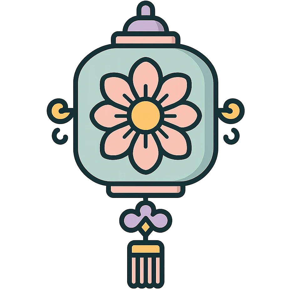 elegant Chinese lantern with large flower and decorative elements, detailed shadow, thin clean outlines, soft rounded shapes, pastel palette #98B5BC, #B5B3C1, #C9A3C9, #E4C0CA, #F7DCD1, #F7C0AA, modern Japanese pop-art and sticker aesthetic, high detail, vector clarity, soft lighting, transparent background emoji
