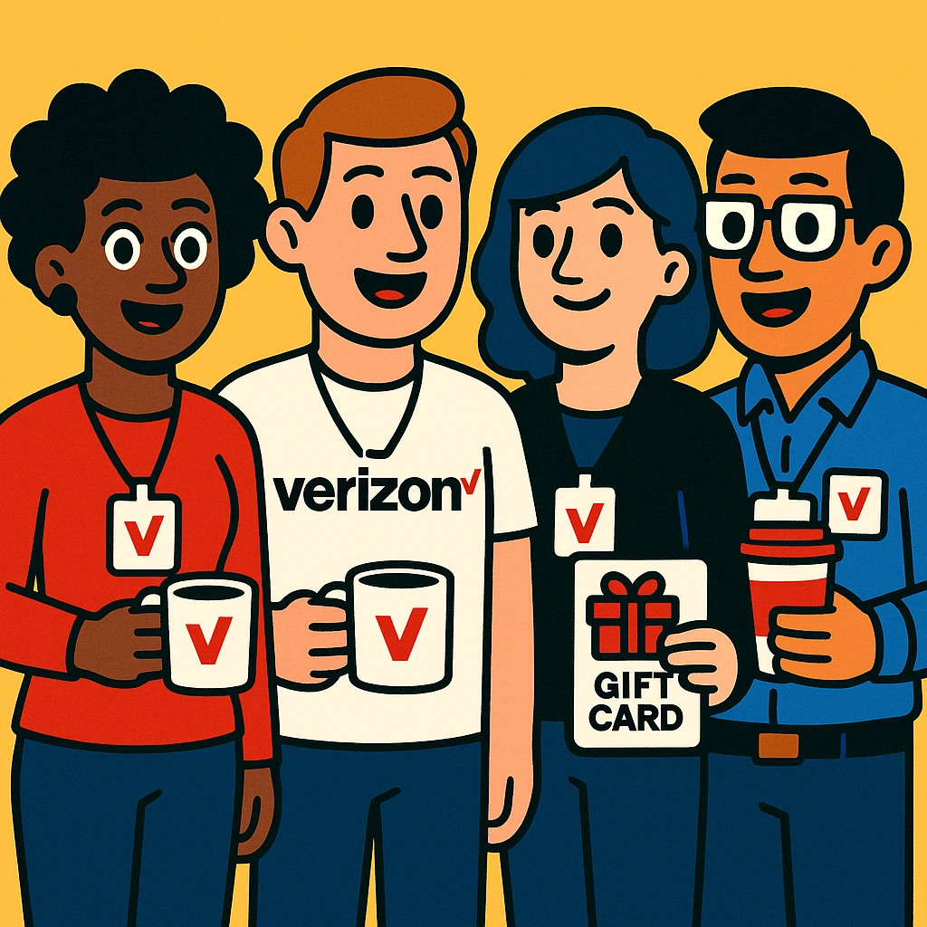 cartoon style group of Verizon employees with badges and fun perks, like coffee mugs and gift cards emoji