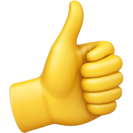 Apple-style 3D illustration of a single yellow emoji hand giving a thumbs up gesture, glossy and rounded, centered on a clean white background, soft shadow underneath, isolated and minimal design emoji