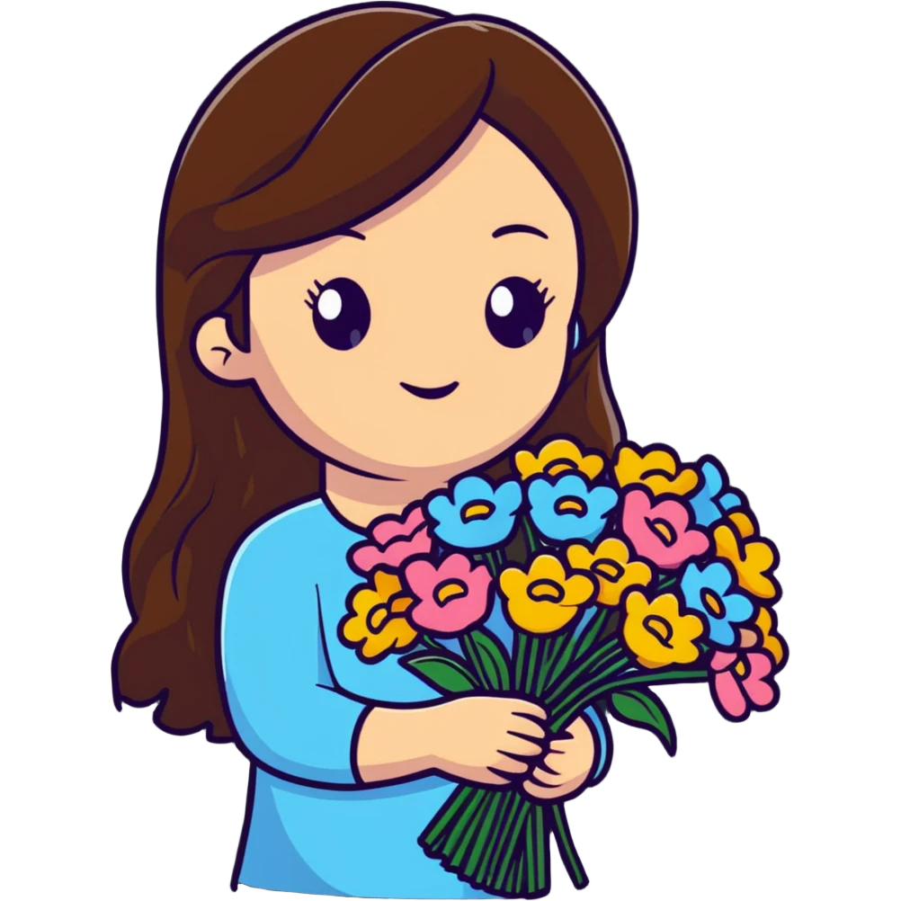Cool girl with long brown hair holding a bouquet of flowers emoji