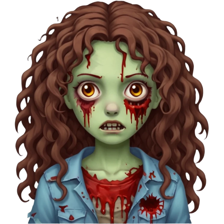 Foto de uma menina com cabelo cacheado longo castanhos, olhos castanhos no estilo zumbi emoji