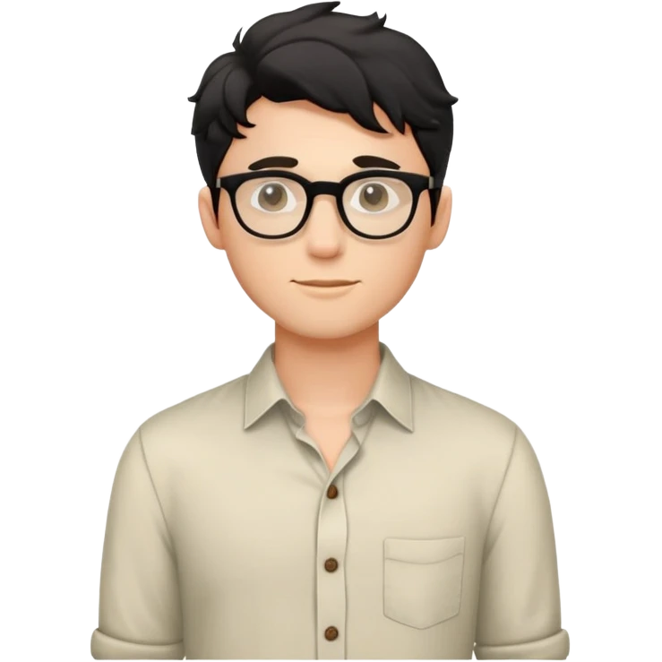 Young caucasian man with black wavy hair, round glasses, torso only, wearing relaxed buttoned-up shirt without a tie emoji