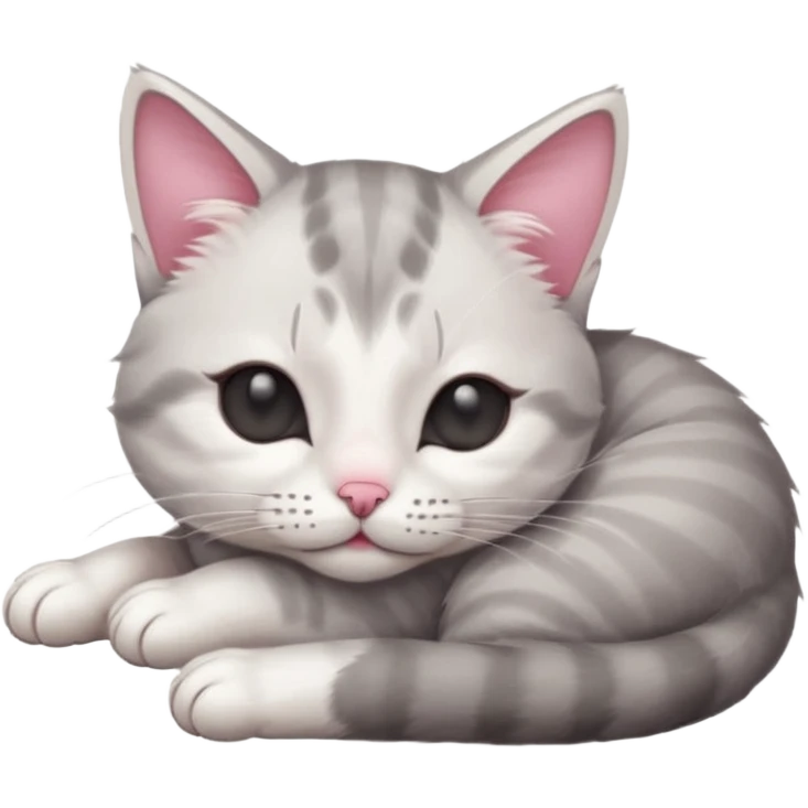 grey and white small cat with its eyes closed lying down with his head leaning on his paw emoji