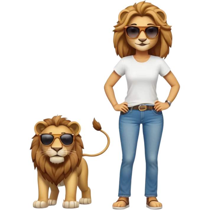 friendly anthropomorphised female lion character, full body, standing confidently with legs shoulder width apart and hands on hips, wearing jeans, a white t-shirt, and dark sunglasses, with a confident smile emoji