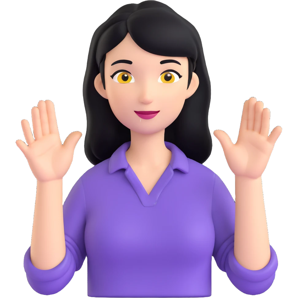 woman with black hair, purple shirt, performing a welcoming hand gesture emoji