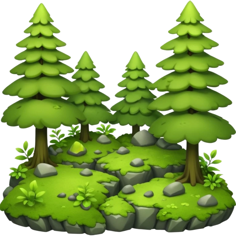 A bright forest clearing with layered bushes and scattered rocks. emoji
