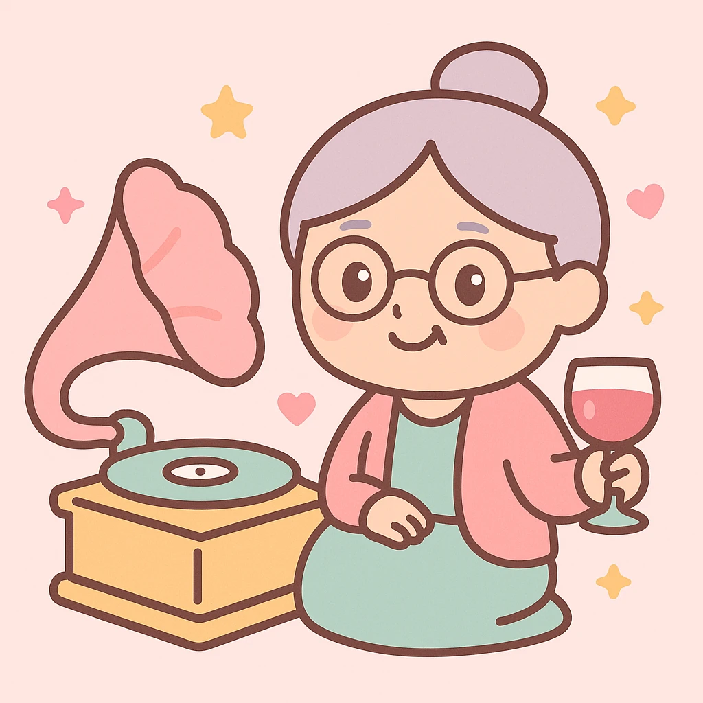old lady with wineglass listening to gramophone emoji