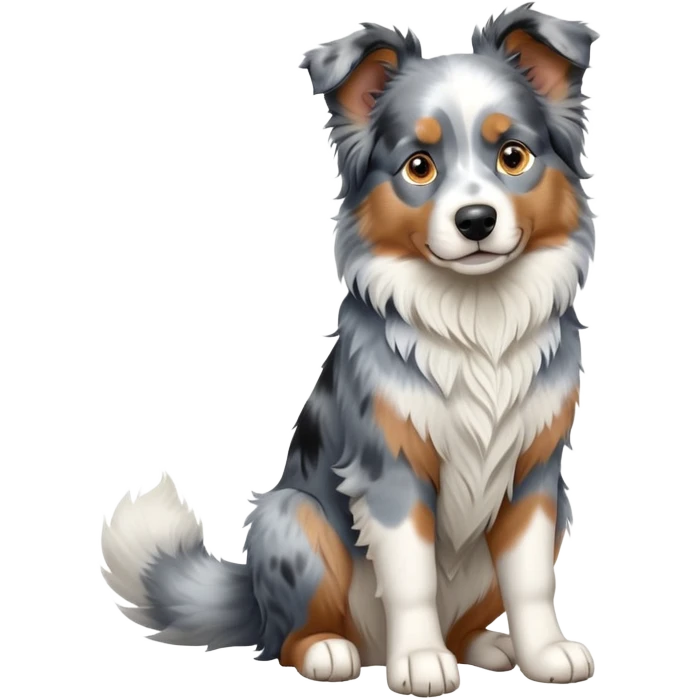 cinematic-[australian shepherd dog]-realistic-full-body-sitting-emoji,-tail-resting-loosely-beside-its-paws,-head-tilted-dramatically,-scruffy-[blue merle]-fur,-simplified-yet-realistic-focused-features,-highly-detailed,-glowing-with-an-almost-sarcastic-glow emoji