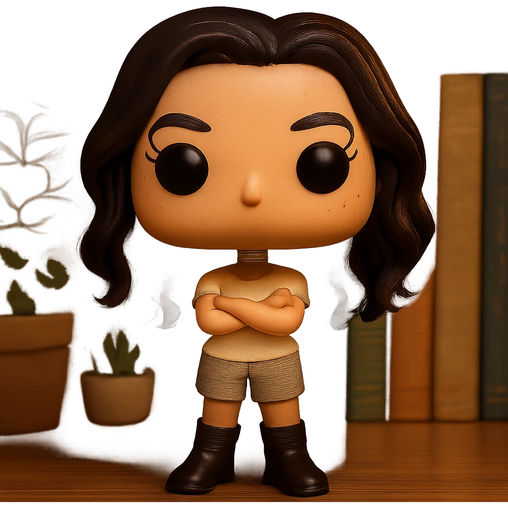 Enhance the Funko Pop style image with dark hair featuring subtle auburn highlights, even darker leather boots, smooth tanned skin, textured clothing (cream top, greige bottom), crossed arms, rosy cheekbones, very subtle freckles, mischievous and playful expression without mouth, transparent background. emoji