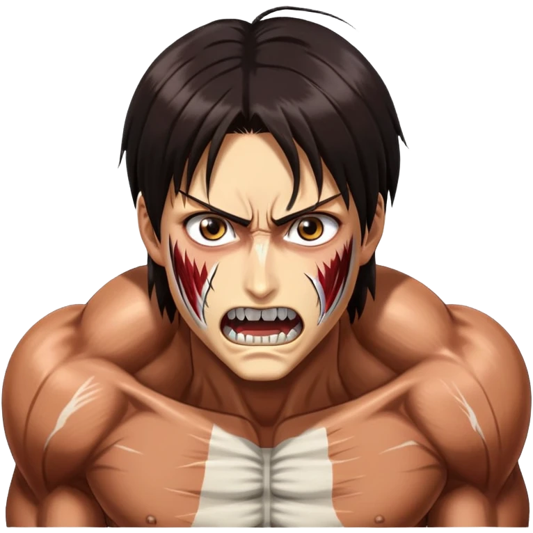 Eren's Attack Titan form from Attack on Titan, muscular with long dark hair and exposed teeth emoji