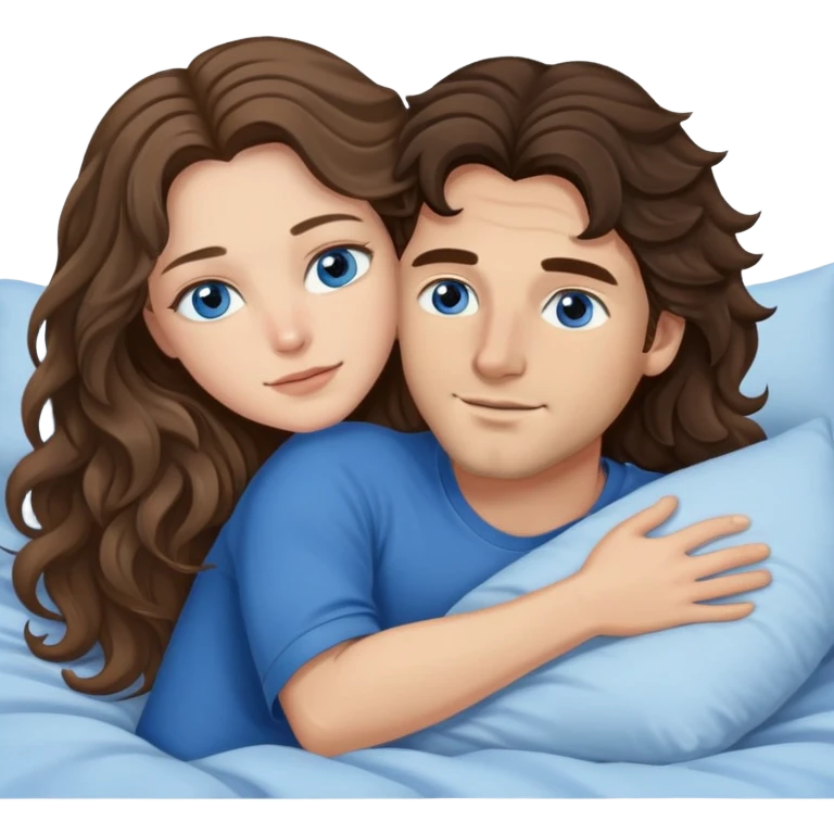 Man with dark brown wavy hair and  brown eyes and one woman with long dark blond wavy hair and blue eyes in bed cuddling  emoji
