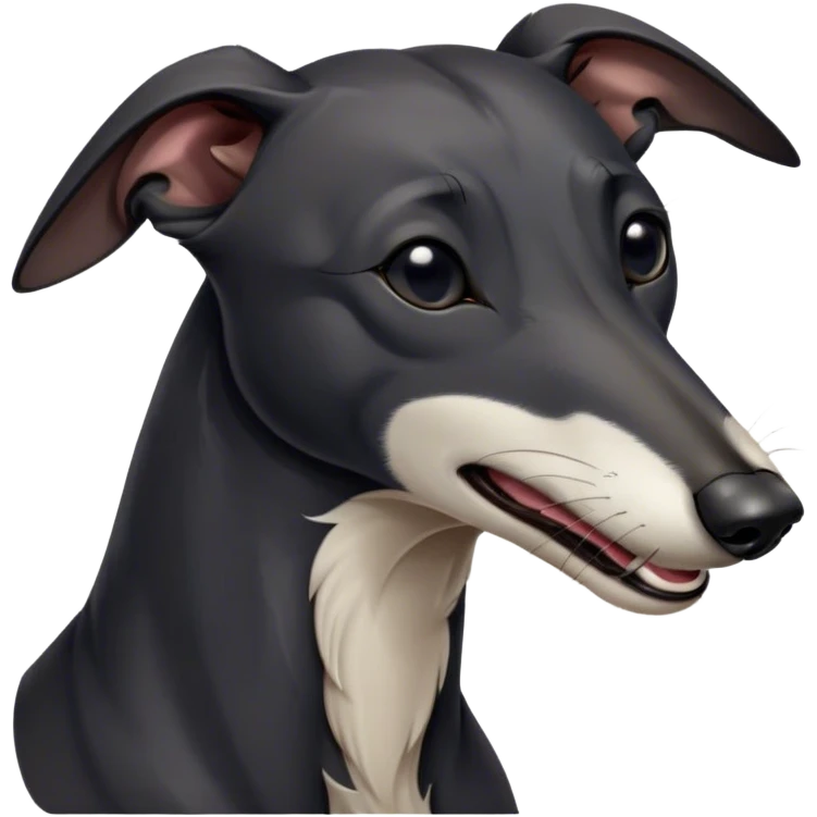 Cinematic Cute Yawning Black Greyhound Portrait Emoji, Head tilted slightly with a dramatic, wide-open yawn, showcasing a sleek black Fur with a polished finish, floppy ears slightly drooping, round dark eyes barely open in drowsy contentment, Simplified yet irresistibly adorable features, highly detailed, glowing with a soft, cozy glow, high shine, relaxed yet expressive, stylized with a touch of whimsy, bright and endearing, soft glowing outline, capturing the essence of a sleepy yet affectionate racer, so drowsy it feels like it could stretch out of the screen and curl up for a nap! emoji