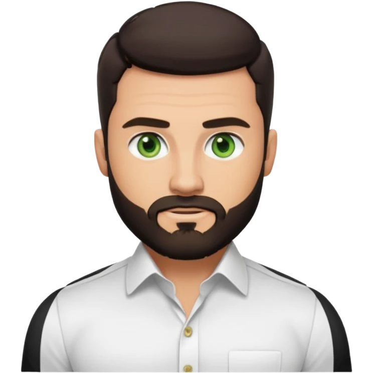 Man with a short full beard, Styled hair, Best looking man in the planet, onepiece style dark hair, green eyes, more realistic style more maskulin. Wearing a white formal shirt, first buttons open macho style, muscular

 emoji