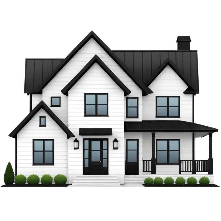 modern farmhouse with white siding, black roof and black trim, exterior view, 3d emoji