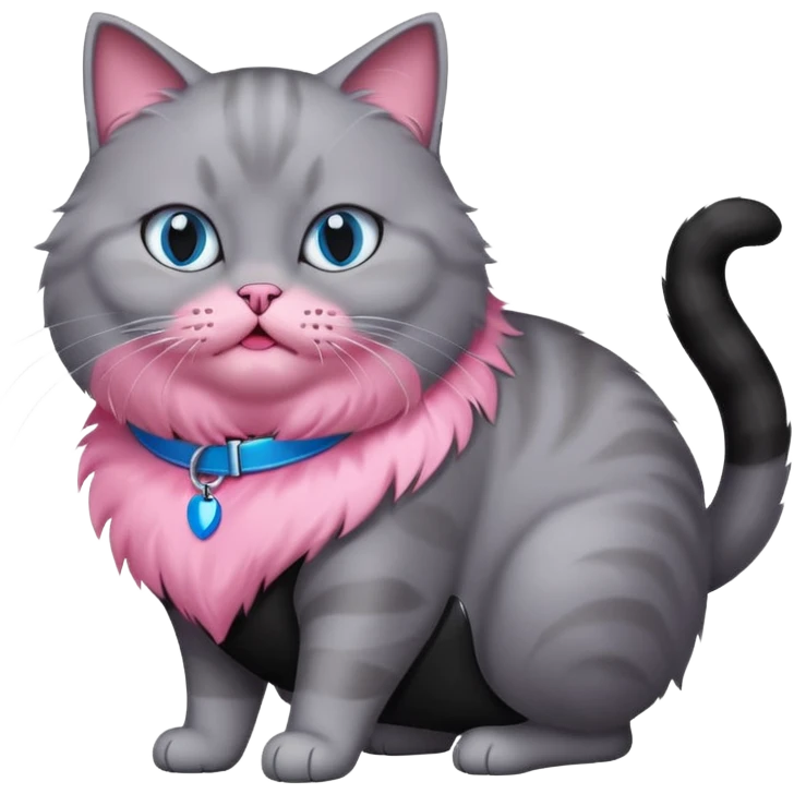 Fat grey cat with blue eyes and pink collar attacking another black cat emoji