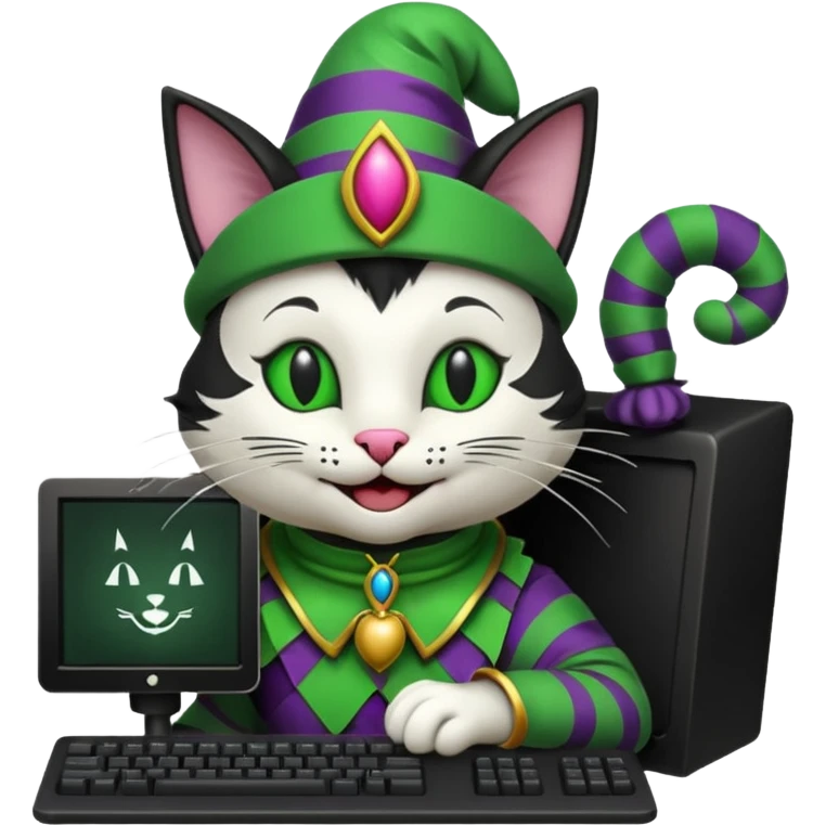 mac os icon code computer retro terminal, black, green white, fantasy court jester cat draw as ASCII code inside the terminal emoji