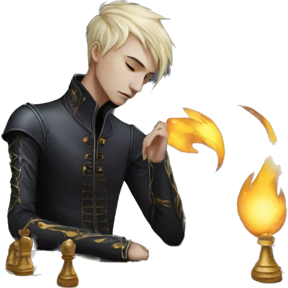 Hamlet young skinny sad man iridescent hair wearing raven feathers with golden flames yin yang chess board emoji