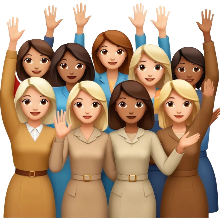 group of happy women, stylishly dressed, raising their hands emoji