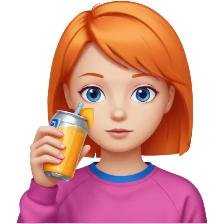 orange short hair girl sipping energy drink, blue eyes, pink sweatshirt emoji