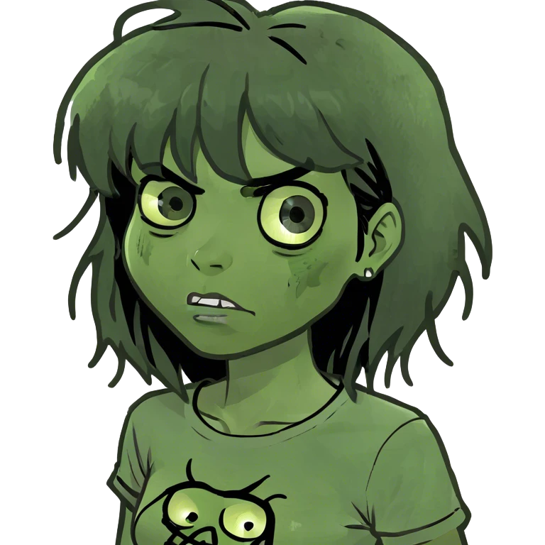 zombie girl with big black hair and bangs and greenish skin  emoji