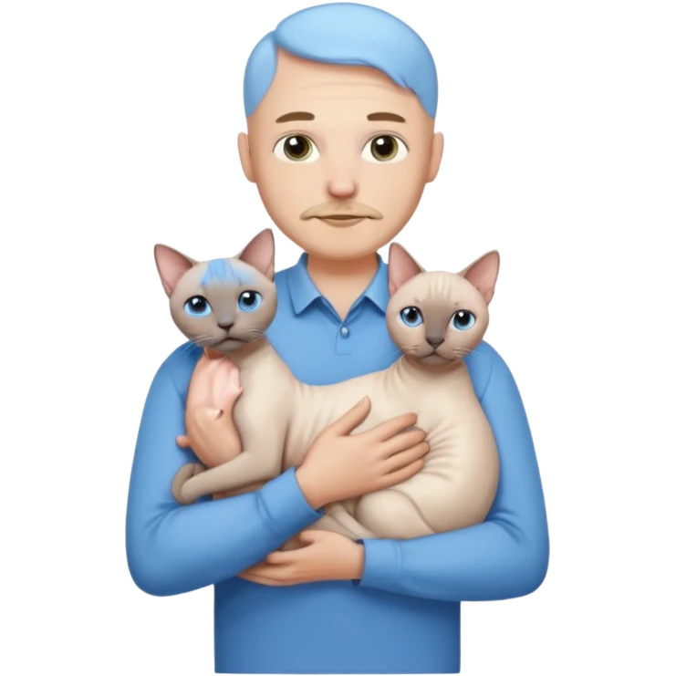 A couple a man and a woman. The man  is bald with a tiny beard and wearing a blue shirt, is holding a Siamese cat in his arms. The woman, who has light hair and is wearing a white dress, is holding a white Sphynx cat in her arms emoji