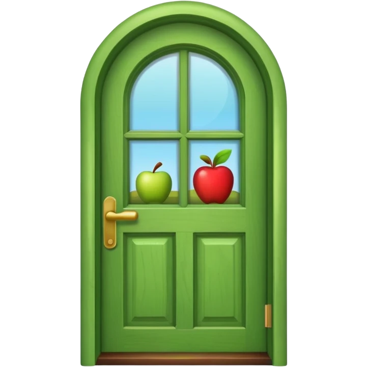 A wooden green door emoji in the style of Apple emoji with a handle and a window. emoji