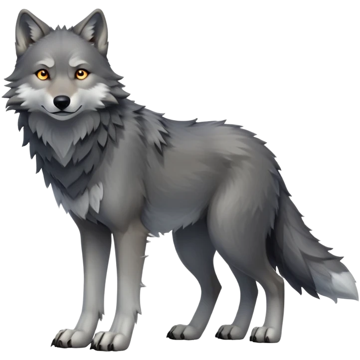 cinematic-[wolf]-realistic-full-body-standing-emoji,-tail-resting-loosely-beside-its-paws,-head-tilted-dramatically, -scruffy-[grey]-fur,-simplified-yet-realistic-focused-features,-highly-detailed,-glowing-with-an-almost-sarcastic-glow emoji