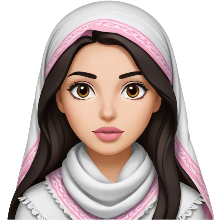 A woman with long, dark hair wears a traditional white keffiyeh, her makeup is well done, with defined eyebrows and soft pink lips  emoji