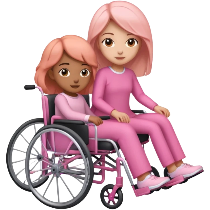 One peach skin sister pushing her light brown skin sister in a pink wheelchair emoji