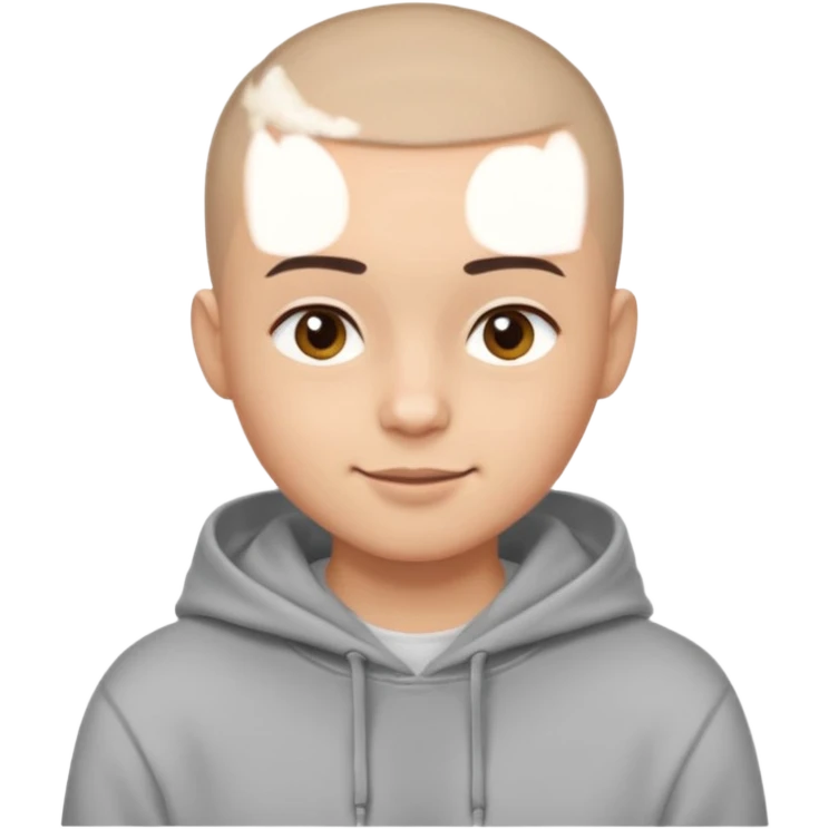 Light skin tone
Buzz cut (very short hair)
Thick, straight eyebrows
Big round brown eyes
Small closed-mouth smile
Wearing a grey hoodie over a white T-shirt emoji