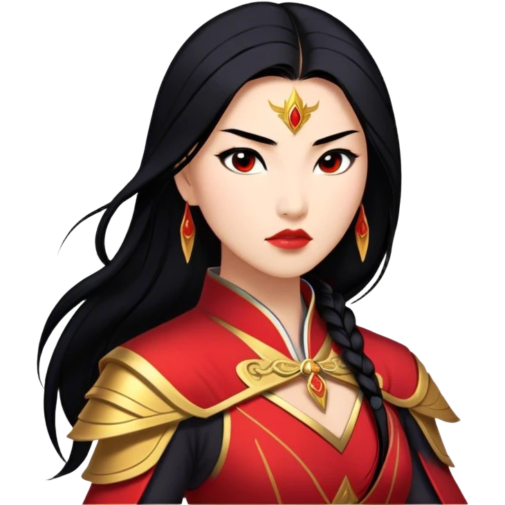 Cinematic Stunning Mulan Portrait Emoji, Fierce yet graceful, flowing raven-black hair, piercing brown eyes filled with determination, adorned in regal red and gold warrior attire, glowing with the strength and beauty of a true heroine, an elegant warrior in her prime! emoji