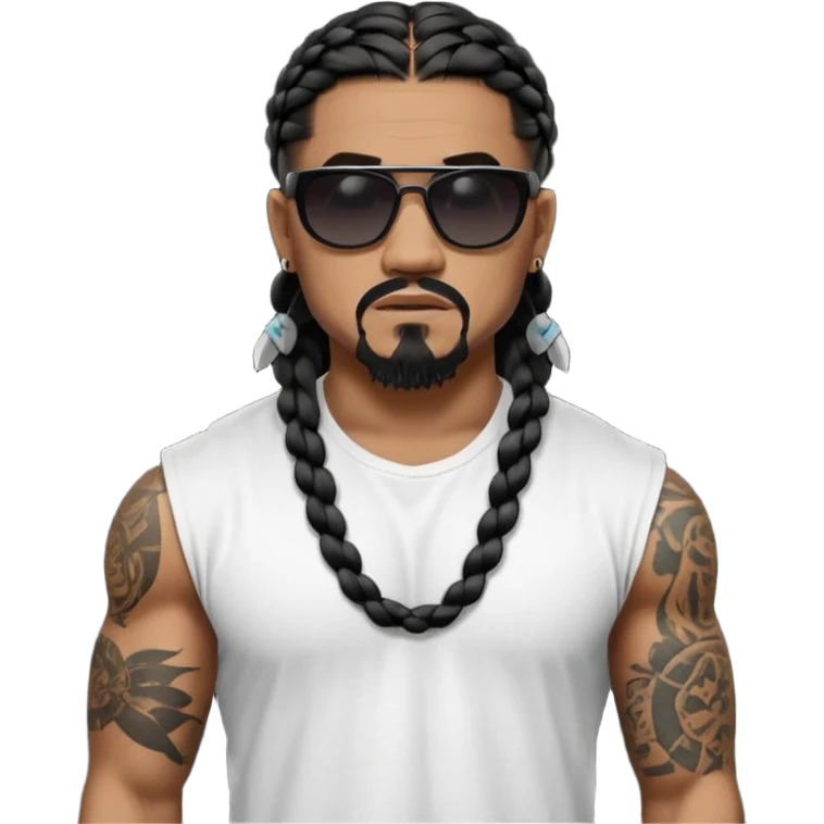 Samoan male. Chin goatee.
Unticked loose fitting white t-shirt. 
long black braided hair.
very muscular.
More tattoos. 
Tough and menacing.
Dark black square sunglasses. emoji