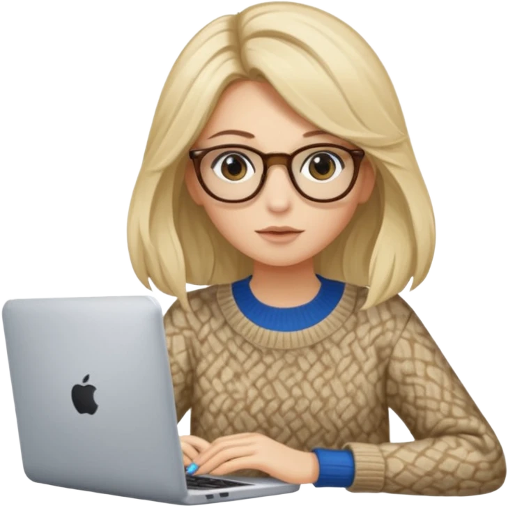 ragazza bionda con capelli lunghi, con occhiali tartarugati, occhi azzurri, con maglione beige, seduti alla scrivania che lavora al pc emoji