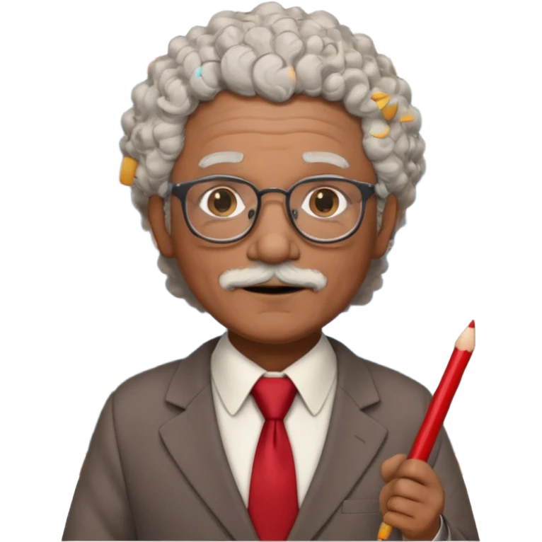 old man teacher, brown skin, curly grey white hai, wearing glasses, brown suit, red tie hold chalk on hand emoji