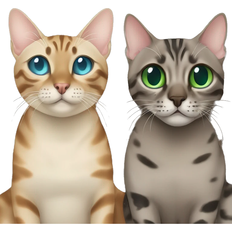Seal Bengal cat with Blue eyes + charcoal Sepia bengal cat with Green eyes sit Next to each other  emoji