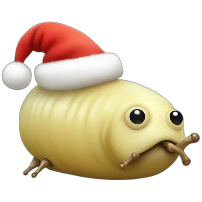Fat slug with twig legs and Santa hat emoji