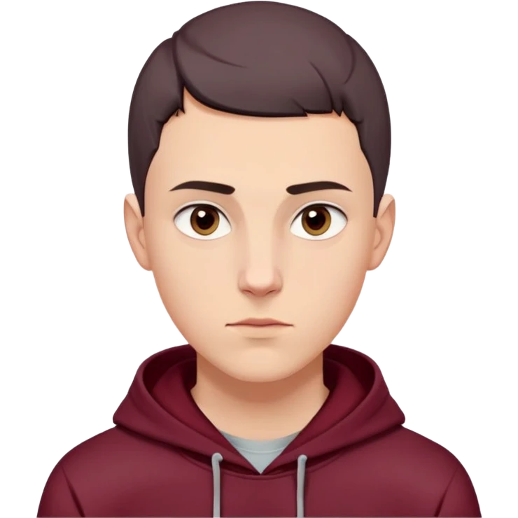 young white European male with short buzzcut dark hair, smooth clear skin, wearing a maroon hoodie with the hood up, oval-shaped face, defined jawline, high cheekbones, symmetrical features, sharp focused eyes, straight prominent eyebrows, calm neutral expression emoji