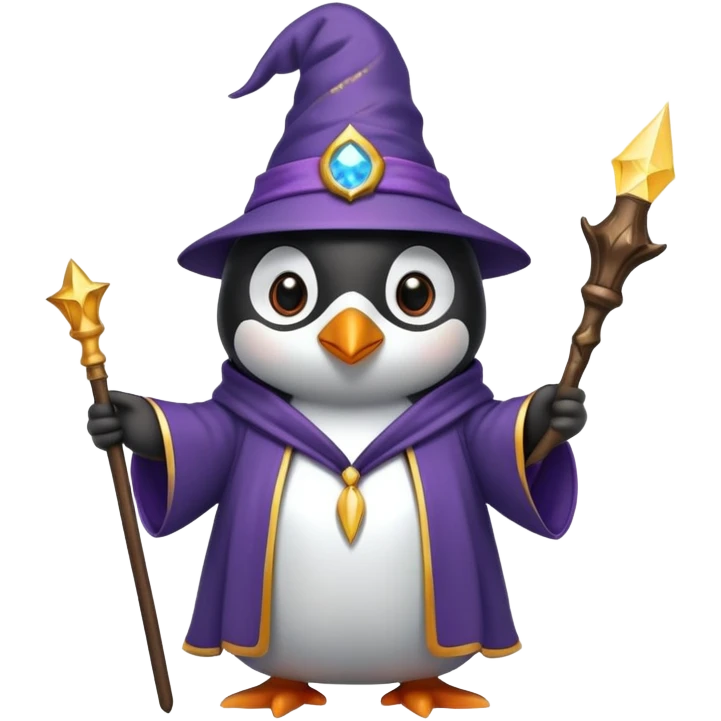 penguin wearing wizard hat and robe holding magic wand emoji