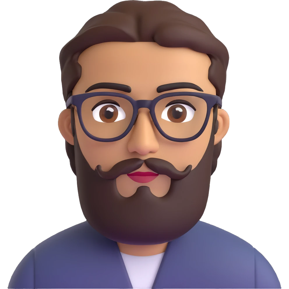 middle eastern man with medium length beard, unibrow, tan skin, brown eyes, wearing stylish glasses emoji