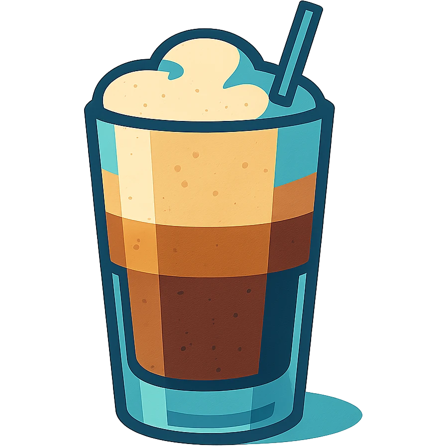 stylized illustration of greek freddo espresso in tall glass with visible layers of coffee and foam, cool tones emoji