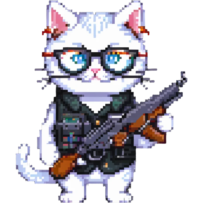 A cat with glasses and a gun emoji