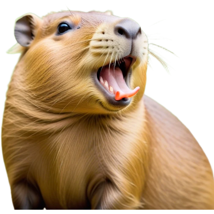 Cinematic Cute Yawning Capybara Portrait Emoji, Head tilted slightly with a dramatic, wide-open yawn, showcasing a plush, rotund body with a gently relaxed capybara face, including a short snout and subtly drooping ears, with drowsy, half-closed eyes rendered in exquisite detail; high shine, relaxed yet expressive, styled with a dash of playful natural charm, soft glowing outline, capturing the essence of a sleepy yet affectionate capybara that appears ready to stretch out for a peaceful nap! emoji