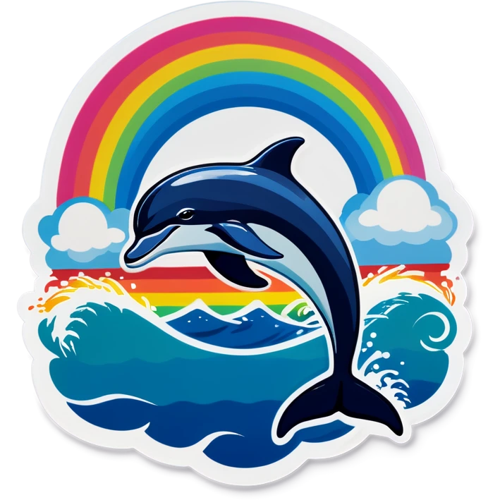 Ocean with rainbow and dolphin jumping emoji